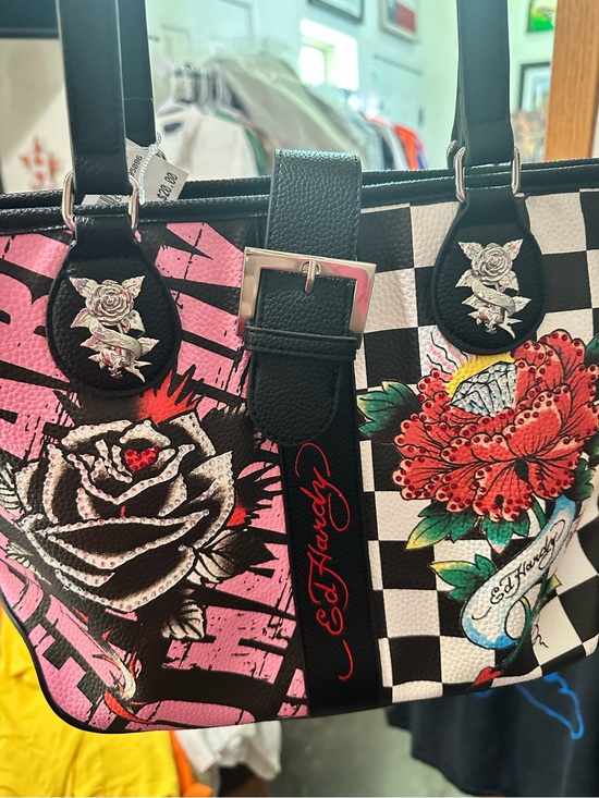 Ed Hardy Handbags - Ed Hardy Pink, Black & White Floral Tattoo Shoulder Bag